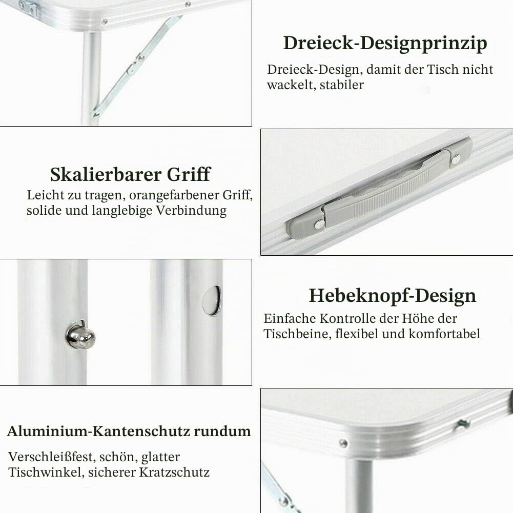 Lucn Tragbarer Klapptisch für drinnen und draussen, Aluminium, 120 x 60 x 70/62/55 cm (höhenverstell