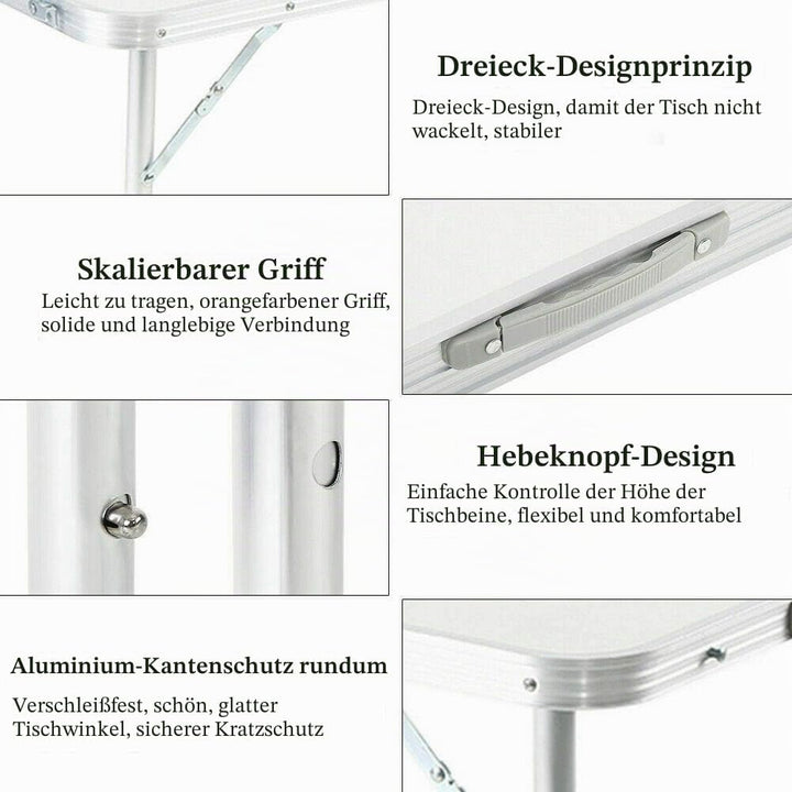 Lucn Tragbarer Klapptisch für drinnen und draussen, Aluminium, 120 x 60 x 70/62/55 cm (höhenverstell