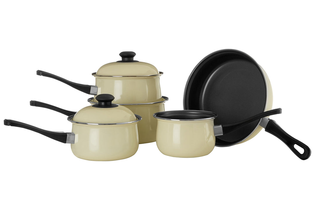 5pc Cream Bauch Pfanne Set, Antihaft-Kohlenstoffstahl, Bakelit Griffe Naturweiss, Naturweiss