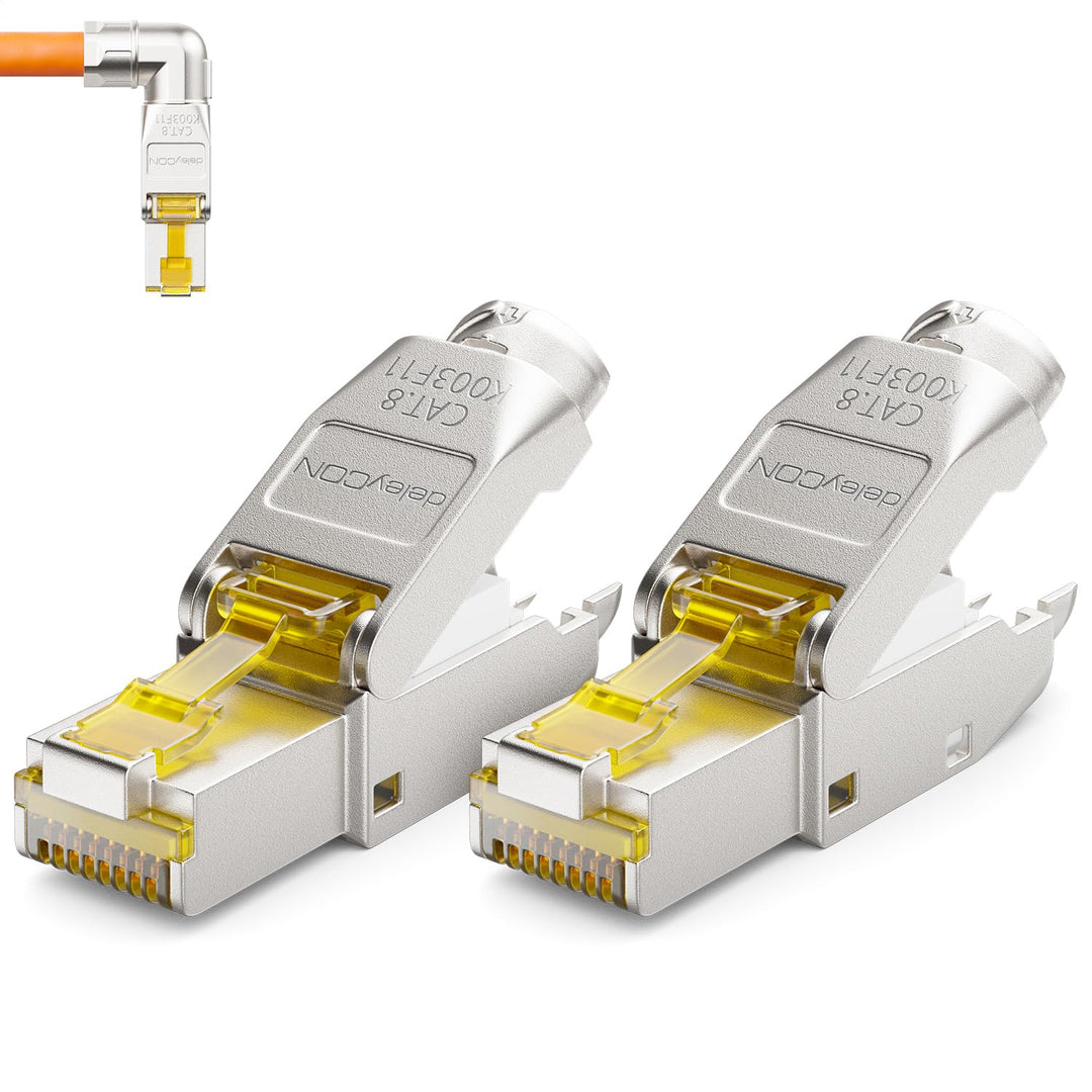 deleyCON 2x CAT 8 Netzwerkstecker 90° Winkel Stecker RJ45 Werkzeuglos Geschirmt 40 Gbit/s Netzwerk S