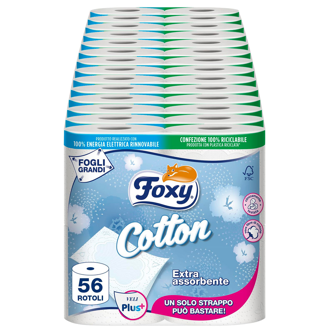 Foxy Baumwolle, Toilettenpapier, 5 Schleier, 56 Rollen, 120 Rollen, extra grosse Blätter, mit echten