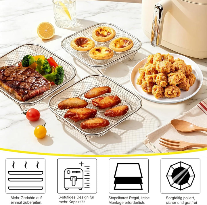 Airfryer Zubehör, 3 Stück Korb für Heissluftfritteuse, Air Fryer Rack mit 8 Silikonfüssen 1 Pinzette