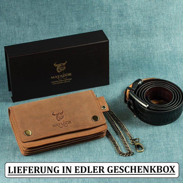 MATADOR Leder Biker Geldbörse mit Kette Bikerbörse Herren Bikergeldbörse mit RFID & NFC Schutz Motor