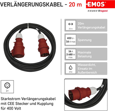 CEE-Verlängerungskabel 5-polig Stecker / 20m / 5X 16 A / 400V / 3 Phasen / 2,5 mm / IP44 / schwarz