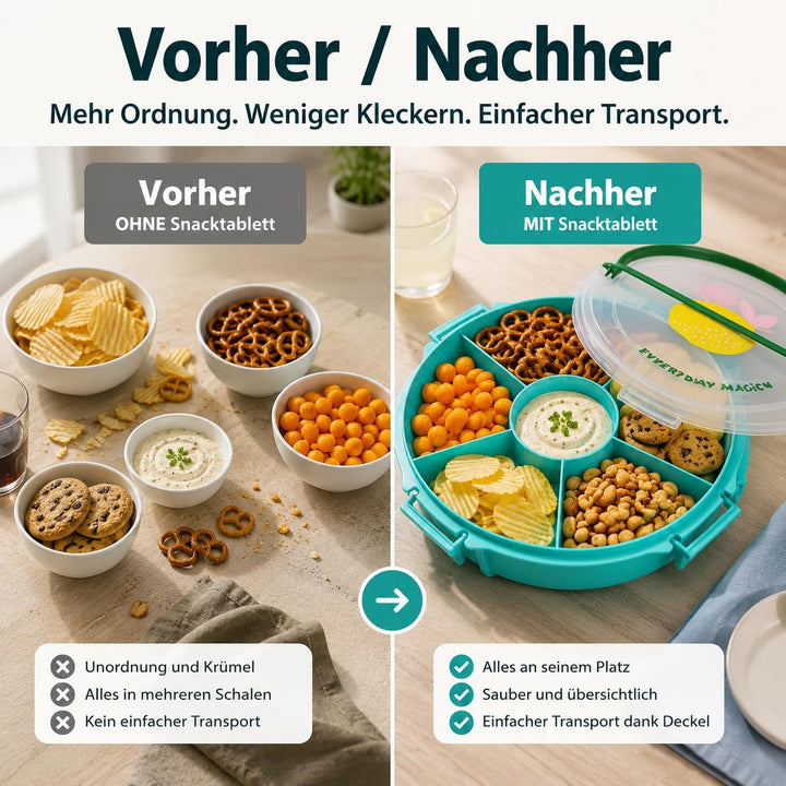 Rice Serviertablett rund Ø 32 cm mit Deckel & Tragegriff – Snack- & Partyplatte mit Fächern, BPA-fre