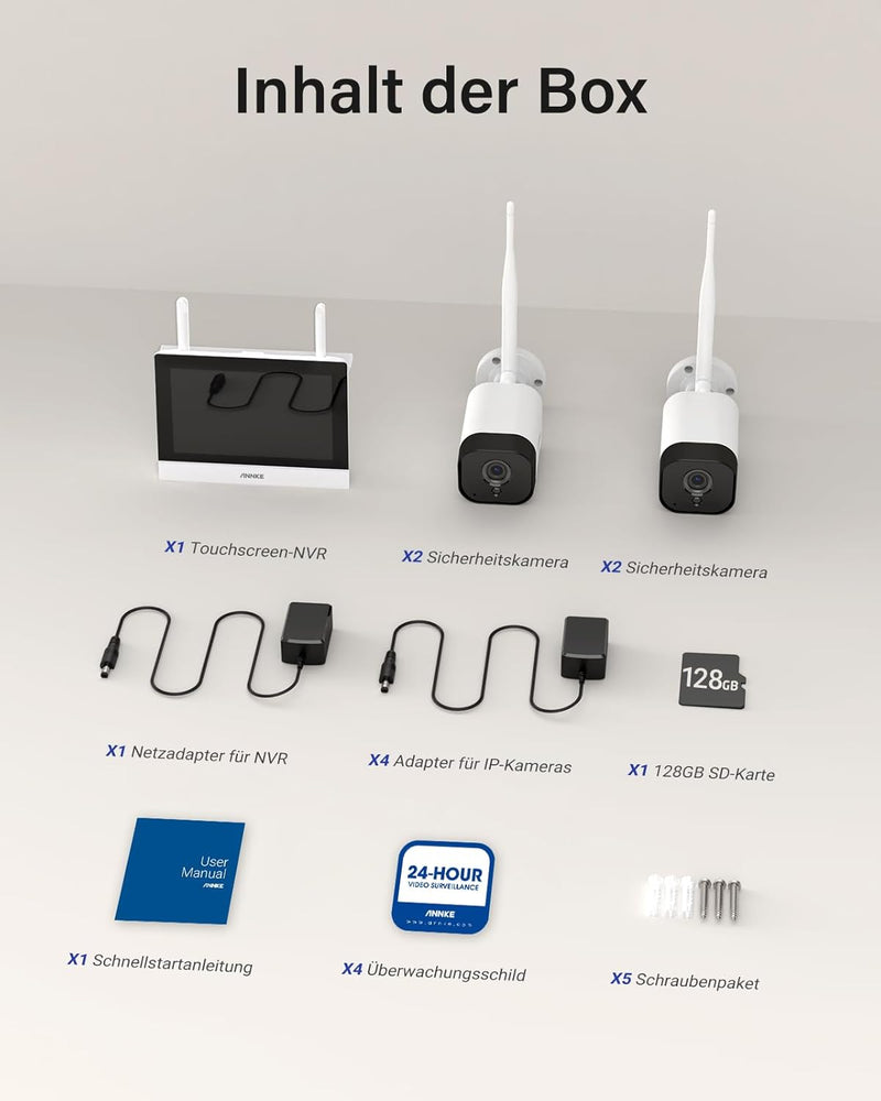 ANNKE 3MP Funk Überwachungskamera Set mit 10.1 Zoll Monitor, 4CH 5MP NVR und 4 IP Kameras Aussen mit