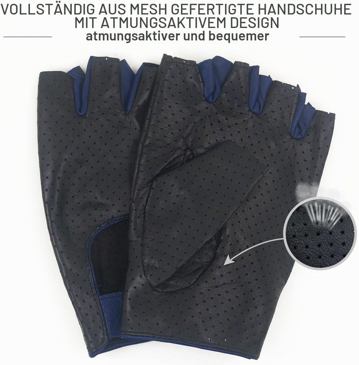 ZLUXURQ Herren-Lederhandschuhe Vollmaschige Fingerlose Halbfinger-Fahrhandschuhe Small-8.5" Schwarz