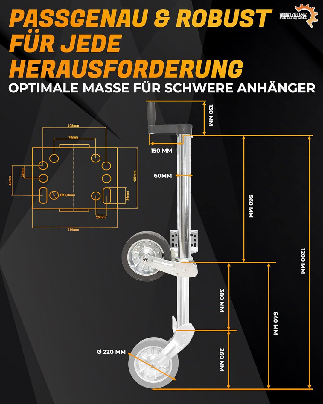 The Drive | Anhänger Stützrad 500KG | vollautomatik | mit Ergo-Griff | Vollgummirad Ø225x65 | Schwer