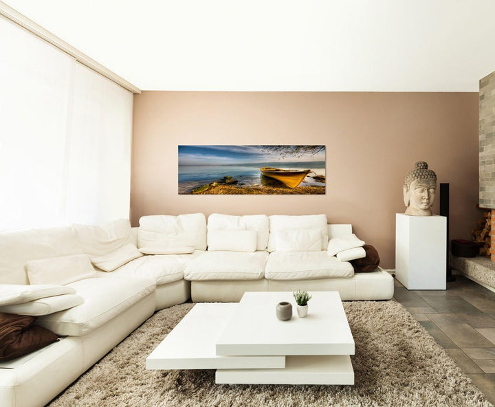 Paul Sinus Art Panoramabild auf Leinwand und Keilrahmen 150x50cm Meer Wasser Bucht Boot Wolkenschlei