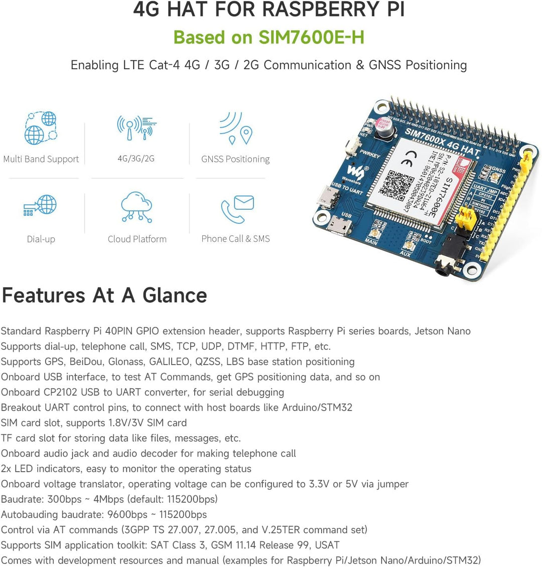 LUCKFOX 4G HAT for Raspberry Pi, Based on Waveshare SIM7600E-H, Enabling LTE Cat-4 4G/3G/2G Communic