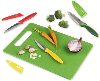 Zyliss E72404 Messer Set 3-Teilig mit Schneidebrett, 9cm/10cm/14cm, Grün/Rot/Gleb, Küchenmesser-Set
