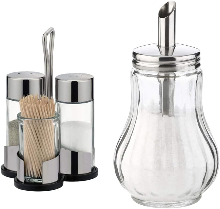 Tescoma Salz-Pfeffer-Zahnstocher Set, Menage Set Profi & Zuckerstreuer aus Glas Edelstahl, ideal für
