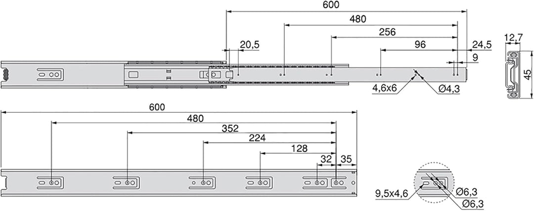 Emuca 3043705 Set Schubladenführungen, vollauszug mit Rollen 45 x 600 mm, Lot von 5, Verzinktem, 600