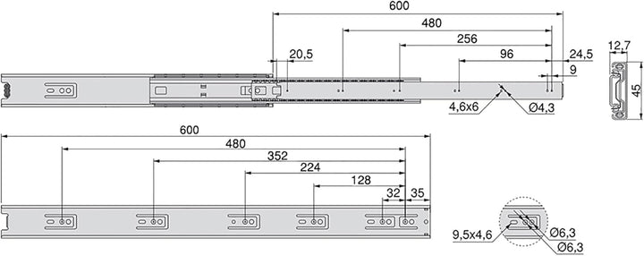 Emuca 3043705 Set Schubladenführungen, vollauszug mit Rollen 45 x 600 mm, Lot von 5, Verzinktem, 600