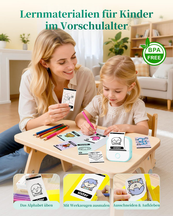 Memoking T02 Mini Etikettendrucker - Tragbarer Drucker mit 3 Rollen Papier, Aufkleberdrucker für Stu