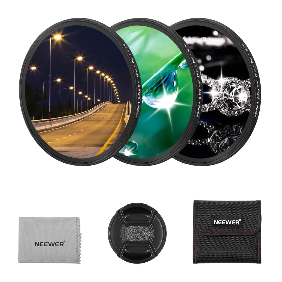 NEEWER 3 STÜCK 52mm Sternfilter, Einstellbarer Kreuzschirm Sterneffektfilter (4, 6, 8 Punkte) mit ul