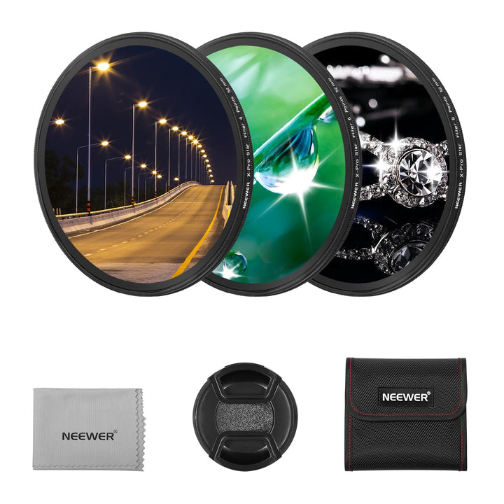 NEEWER 3 STÜCK 52mm Sternfilter, Einstellbarer Kreuzschirm Sterneffektfilter (4, 6, 8 Punkte) mit ul
