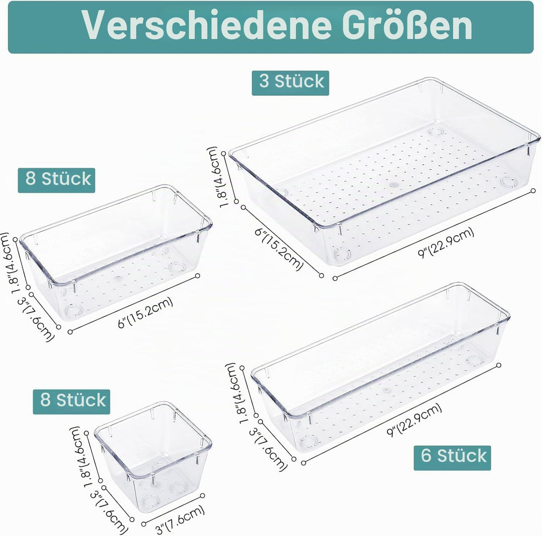 25Pcs Schubladeneinsatz Schubladen Organizer mit 4 Grössen, Schminktisch Organizer transparent Kunst