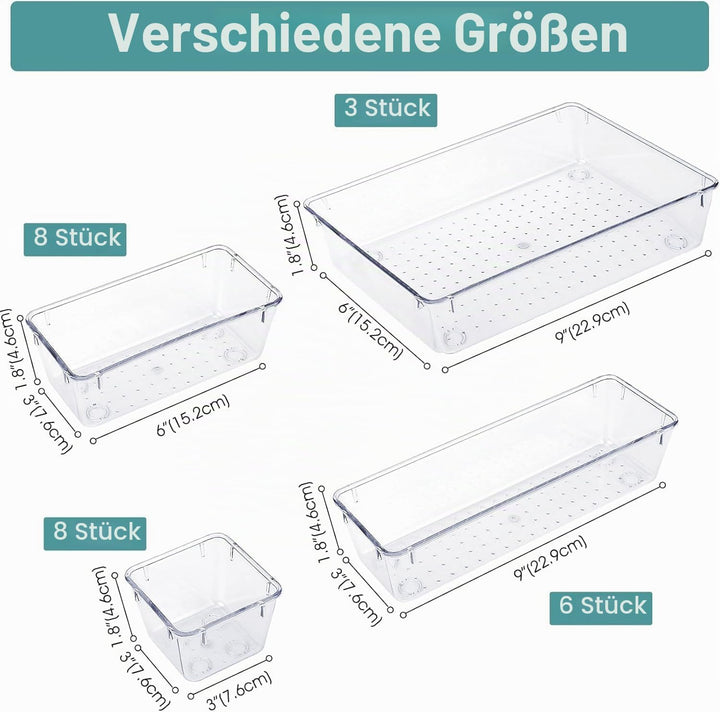 25Pcs Schubladeneinsatz Schubladen Organizer mit 4 Grössen, Schminktisch Organizer transparent Kunst