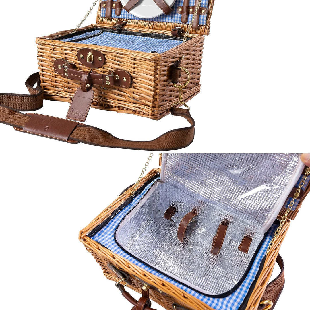 eGenuss 2er-Set handgefertigtes Picknickkorb für 2 Personen mit abnehmbarem Schultergurt, Kühlfach,