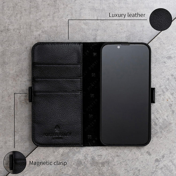 Porter Riley - Lederhülle für iPhone 14 Pro. Premium Echtleder Standhülle/Ledertasche/Brieftasche mi