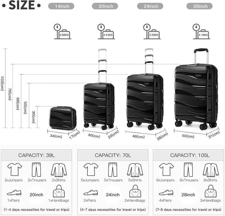 KONO Koffer Trolley Reisekoffer Mittelgross Leicht Hartschalenkoffer mit TSA Schloss Zwillingsrollen