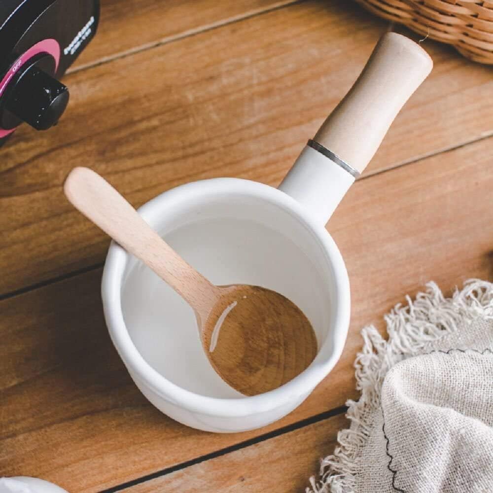 Emaillemilch Pfanne, Mini -Butter -Hitze 4 Zoll 17 Unzen Email Topf kleines Kochgeschirr mit Holzgri