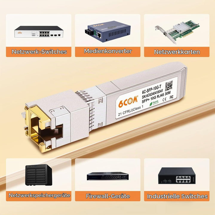 2-Stück 10G SFP+ RJ45 Kupfermodul, 10GBase-T SFP+ zu RJ45 Transceiver, CAT6A/CAT7, 30m, Hot-Swappabl
