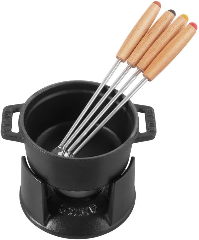 Staub Mini Fondue Set (10 cm, 0,25 L mit mattschwarzer Emaillierung im Inneren des Topfes) schwarz,
