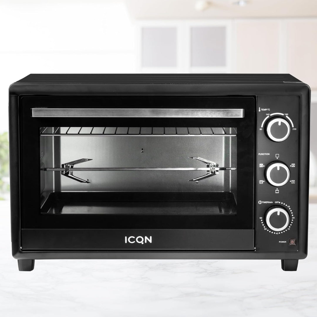 ICQN 50L Minibackofen mit Umluft, 1800 W, Innenbeleuchtung, 5 Kochfunktionen, 60 Min Timer, inkl. Ba