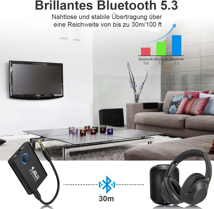 1Mii Bluetooth 5.3 Adapter für TV zu Kopfhörer, 2-in-1 Sender Empfänger, aptX-Adaptive & HD kabellos