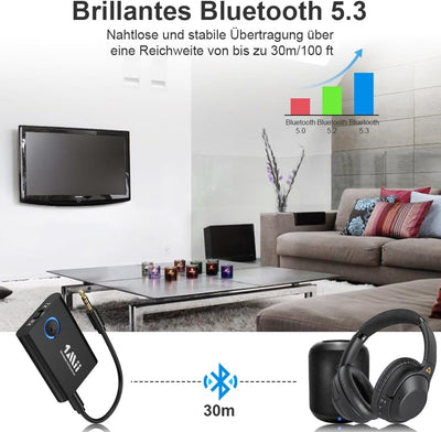 1Mii Bluetooth 5.3 Adapter für TV zu Kopfhörer, 2-in-1 Sender Empfänger, aptX-Adaptive & HD kabellos