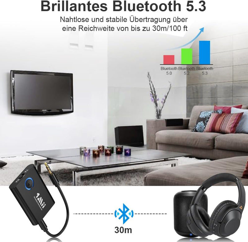 1Mii Bluetooth 5.3 Adapter für TV zu Kopfhörer, 2-in-1 Sender Empfänger, aptX-Adaptive & HD kabellos