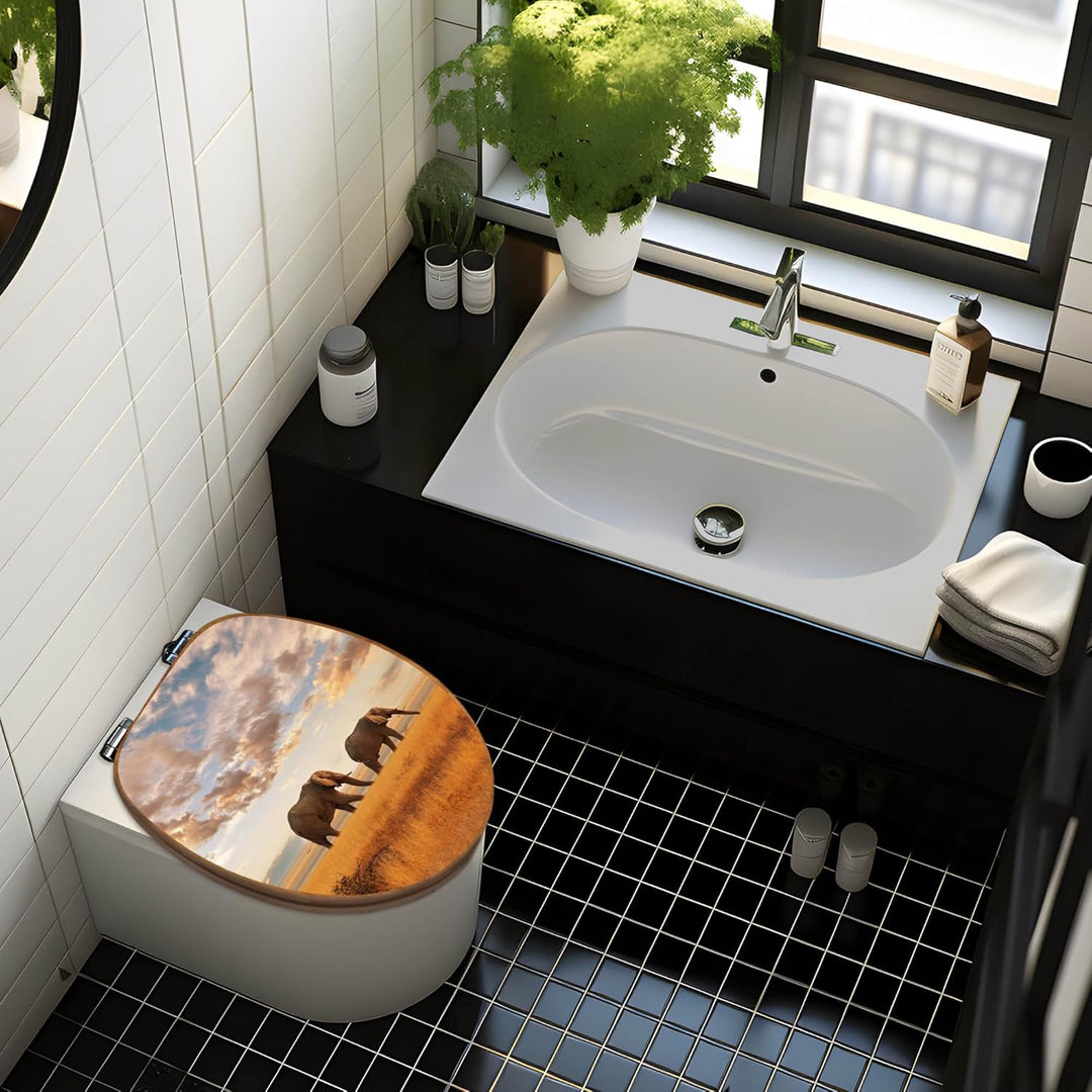banjado® Design WC Sitz Bambus Absenkautomatik mit Motiv Elefanten/Toilettendeckel mit Absenkautomat