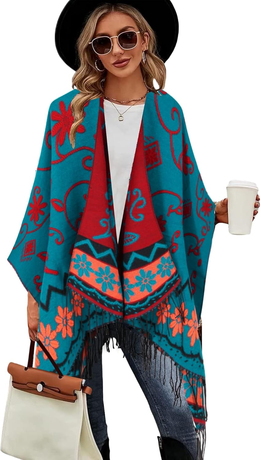 breezy lane Damen Poncho Schal Retro-Stil Bedruckt Umhang Übergrosse Decke Cardigans für Herbst und