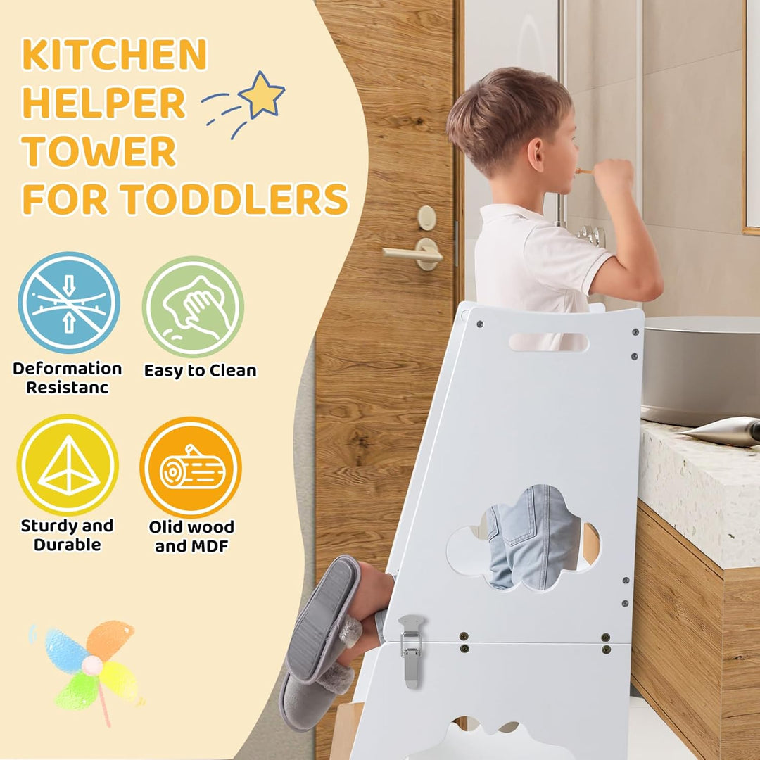 KIDINIX Lernturm ab 1 Jahr, 3 in 1 Montessori Learning Tower mit Sicherheitsgeländer und Tafel, Klap