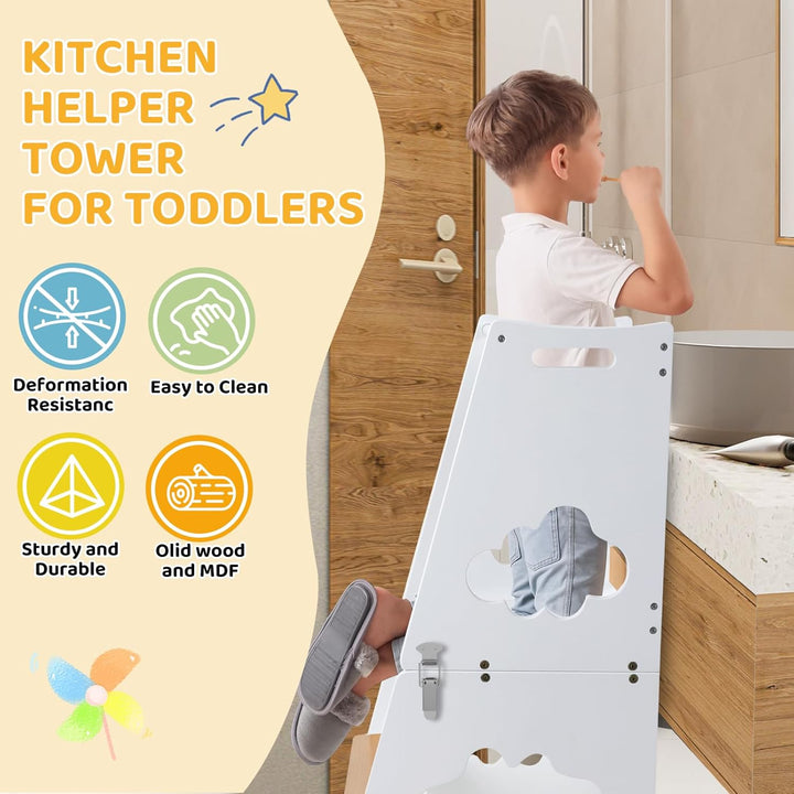 KIDINIX Lernturm ab 1 Jahr, 3 in 1 Montessori Learning Tower mit Sicherheitsgeländer und Tafel, Klap