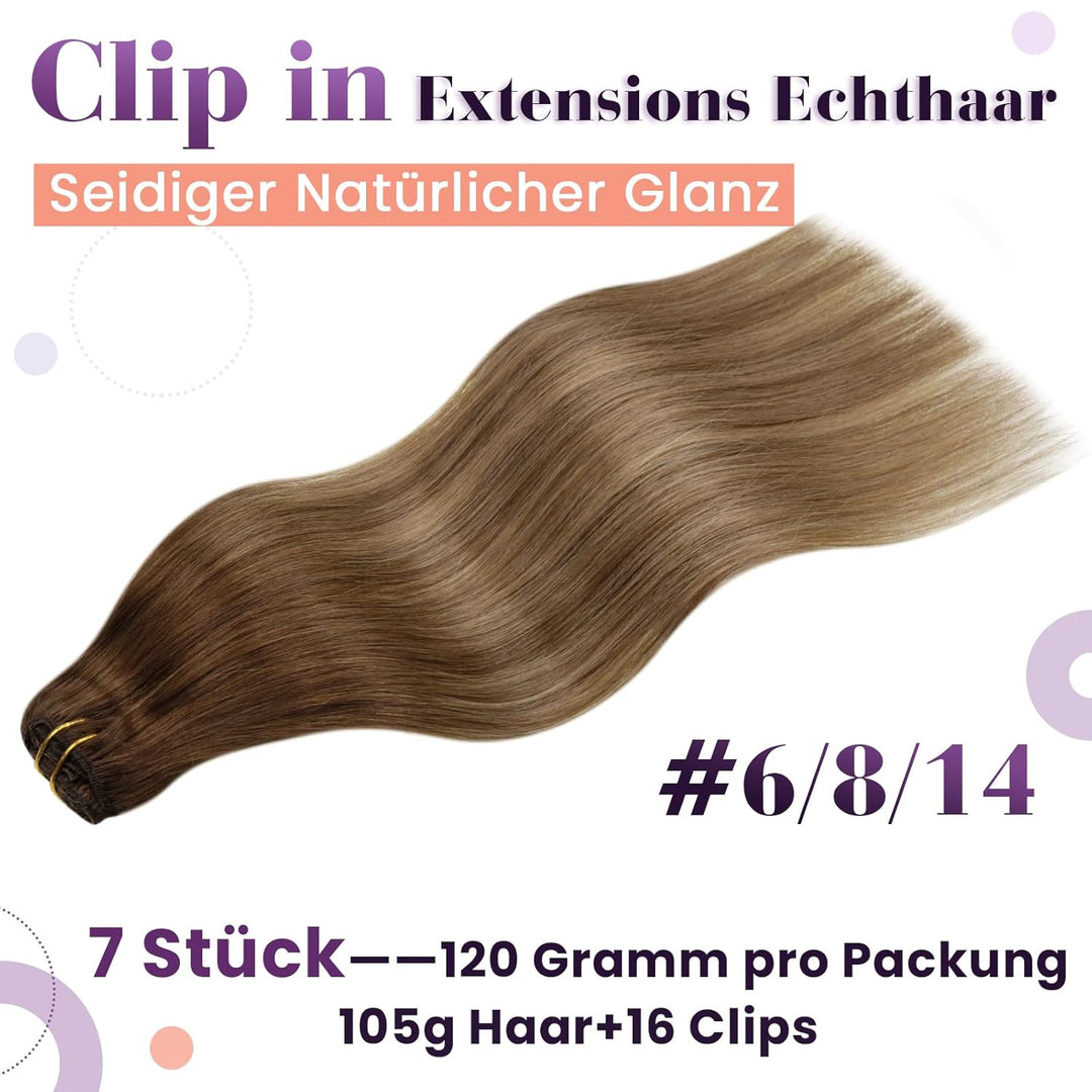 LaaVoo Clip in Extensions Echthaar Balayage Braun Echthaar Extensions Clip in Hellbraun Ombre Dunkel