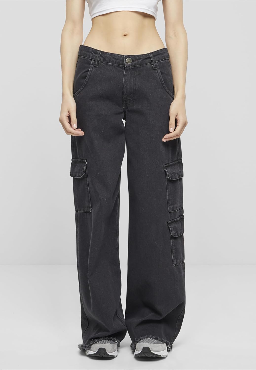Urban Classics Damen Ladies Mid Waist Cargo Denim Pants 32 Black Charcoal Washed, 32 Black Charcoal