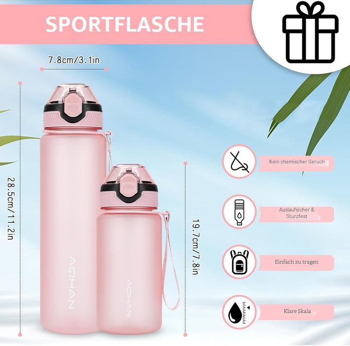 AOHAN Trinkflasche 1L mit auslaufsicherem Klappdeckel, BPA freie Sport Trinkflasche mit Stroh, Wasse