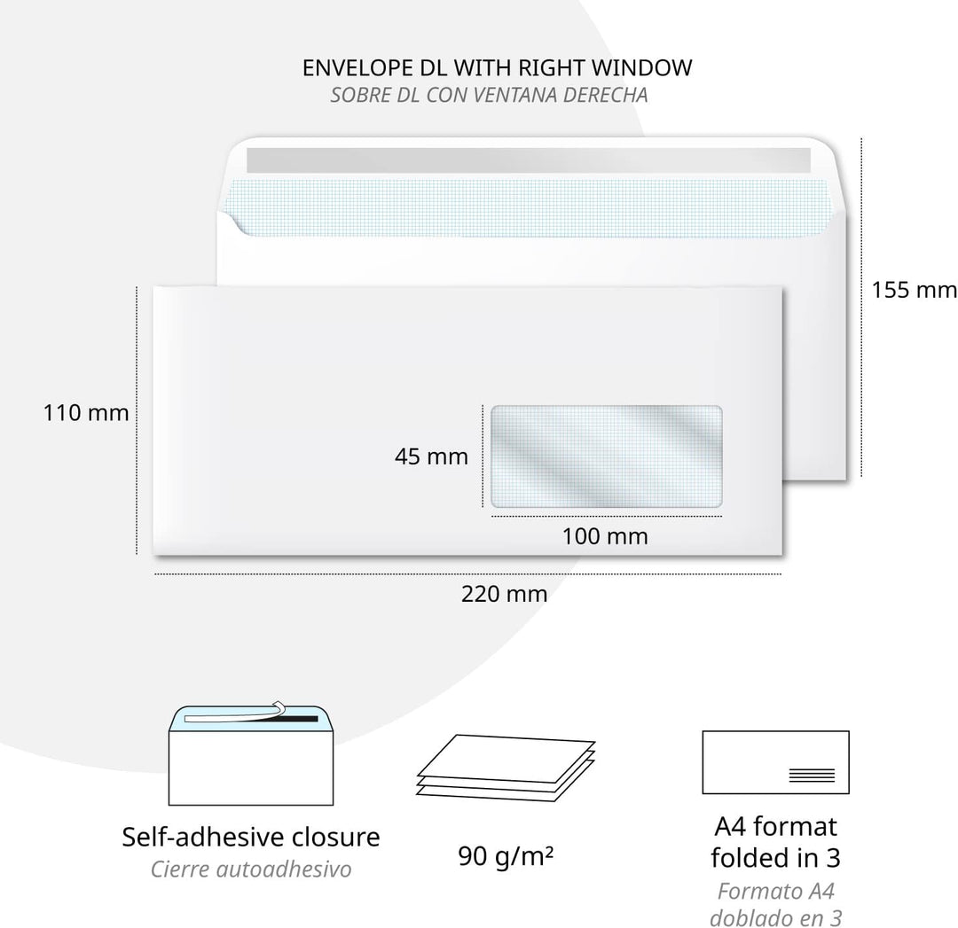 Papierumschläge, amerikanischer weisser Umschlag mit Fenster, Masse 220 x 110 mm, weisse Papierumsch