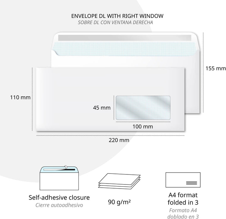 Papierumschläge, amerikanischer weisser Umschlag mit Fenster, Masse 220 x 110 mm, weisse Papierumsch