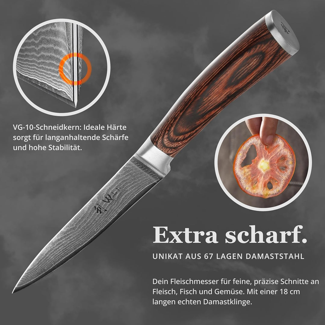 Wakoli EDIB Damast Fleischmesser mit Gravur – Personalisiertes Messer, 18cm Klinge aus 67 Lagen Dama