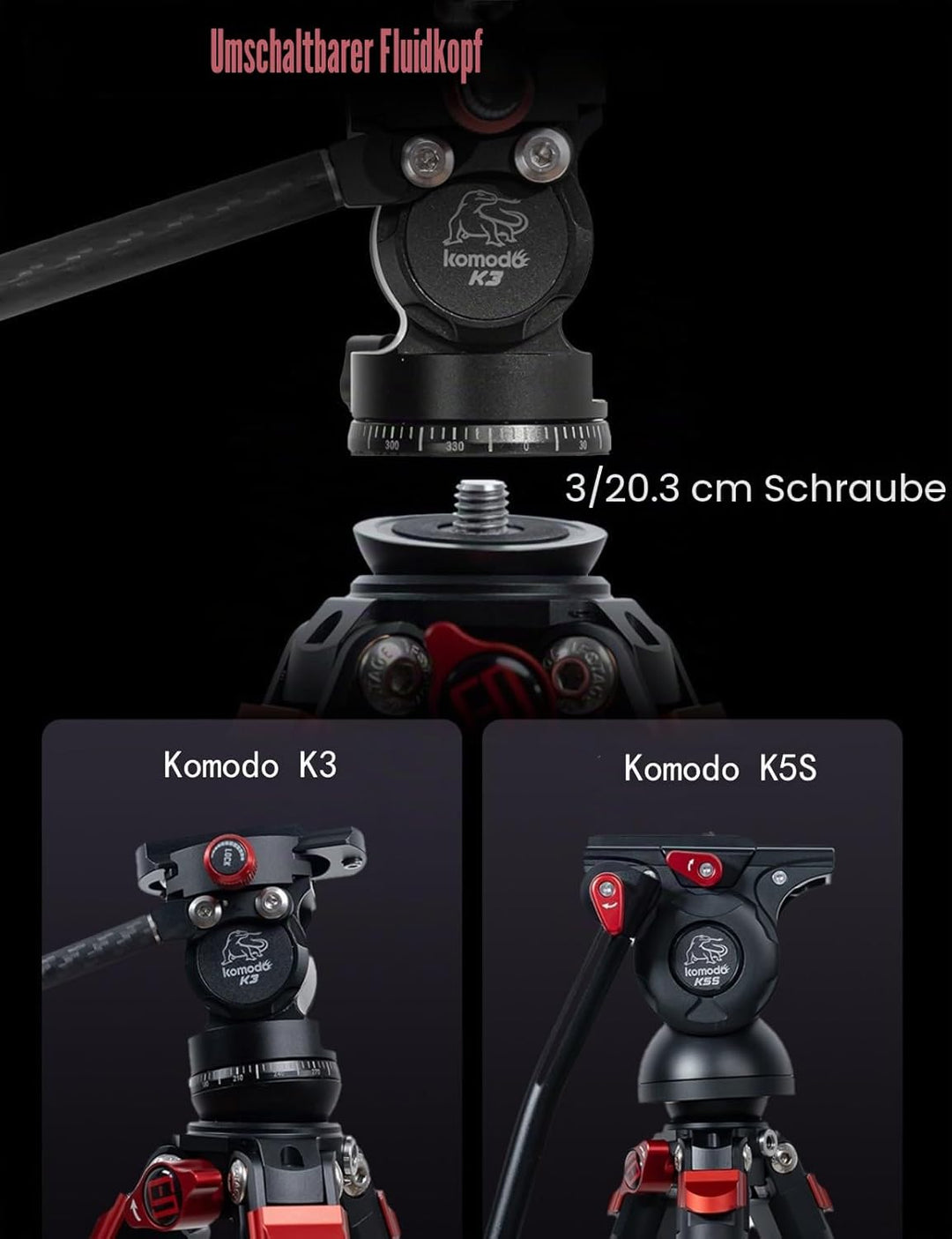 IFOOTAGE Gazelle TA3B+Komodo K3,Tragbares Aluminium Videostativ mit Panorama Video fluidkopf,Videoka