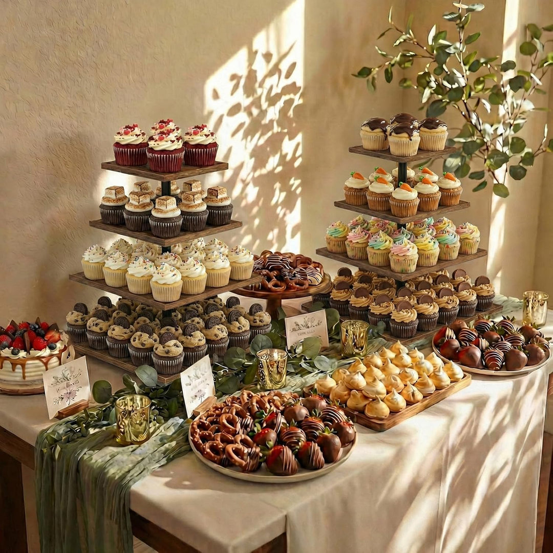 Tortenständer 4 Etagen Tortenplatte 360° Drehbar Kuchen und Cupcake Ständer, Quadratisch Cupcake-Hal