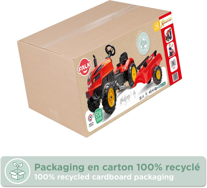 FALK - Traktor mit Pedalen X Tractor – Rot – mit Haube zum Öffnen und Anhänger ab 2 Jahren – 2046AB