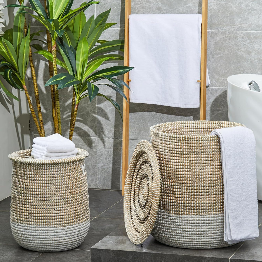 2 Set Wäschekorb mit Deckel und Innere Beutel | 86L+45L | Korb Geflochten aus Seegras | Handgefertig