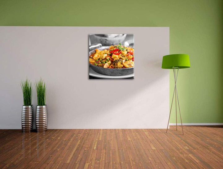 Pixxprint Appetitliche Fleischpfanne als Leinwandbild/Grösse: 70x70 cm/Wandbild/Kunstdruck/fertig be