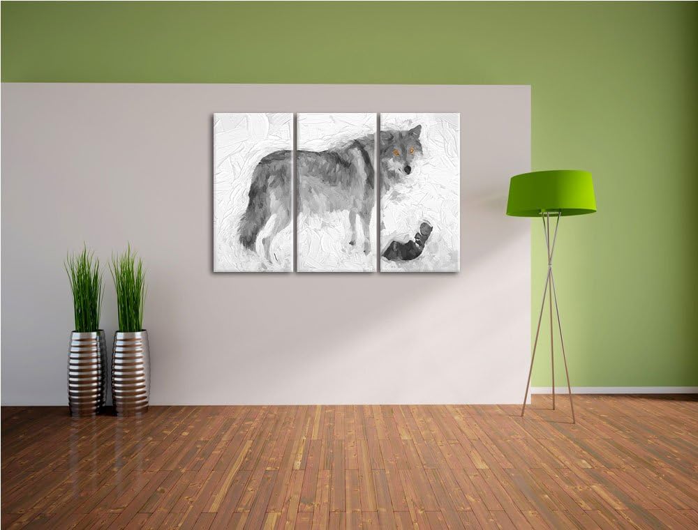 prächtiger Wolf im Schnee schwarz/weiss Deluxe 3-Teiler Leinwandbild 120x80 Bild auf Leinwand, XXL r