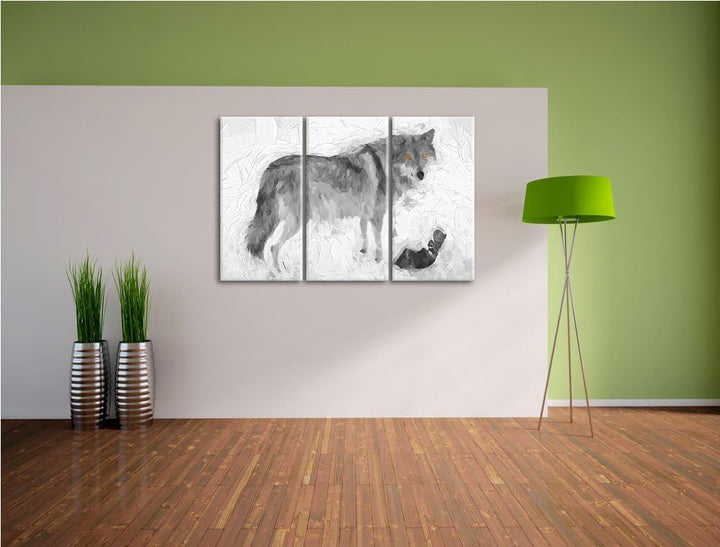 prächtiger Wolf im Schnee schwarz/weiss Deluxe 3-Teiler Leinwandbild 120x80 Bild auf Leinwand, XXL r
